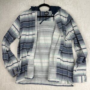 Billabong Hooded Button Shirt Men's XL Black Blue Hoodie Long Sleeve Striped